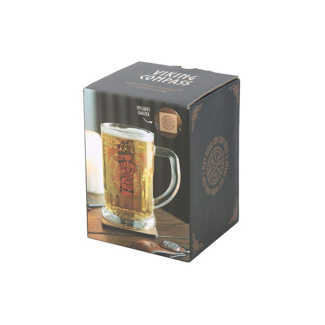 Viking Compass Glass Beer Tankard with Coaster